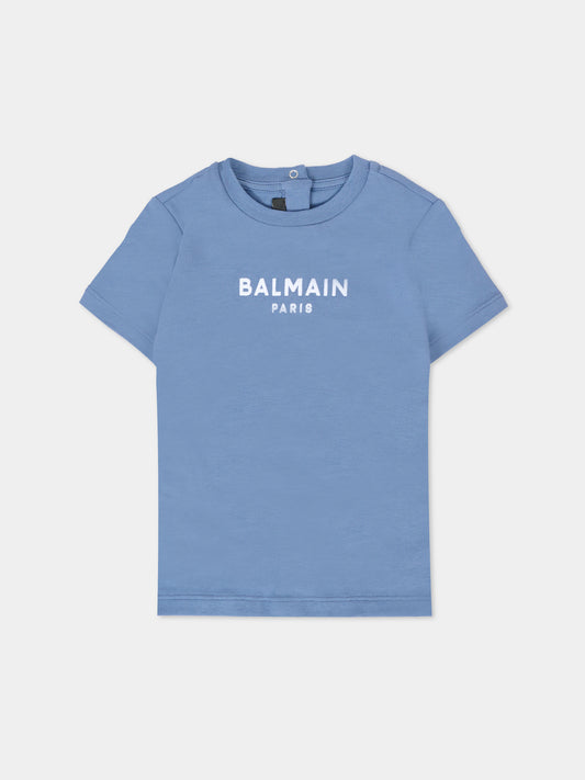 T-shirt blu per neonati con logo bianco,Balmain Kids,BT8571 Z0116 668