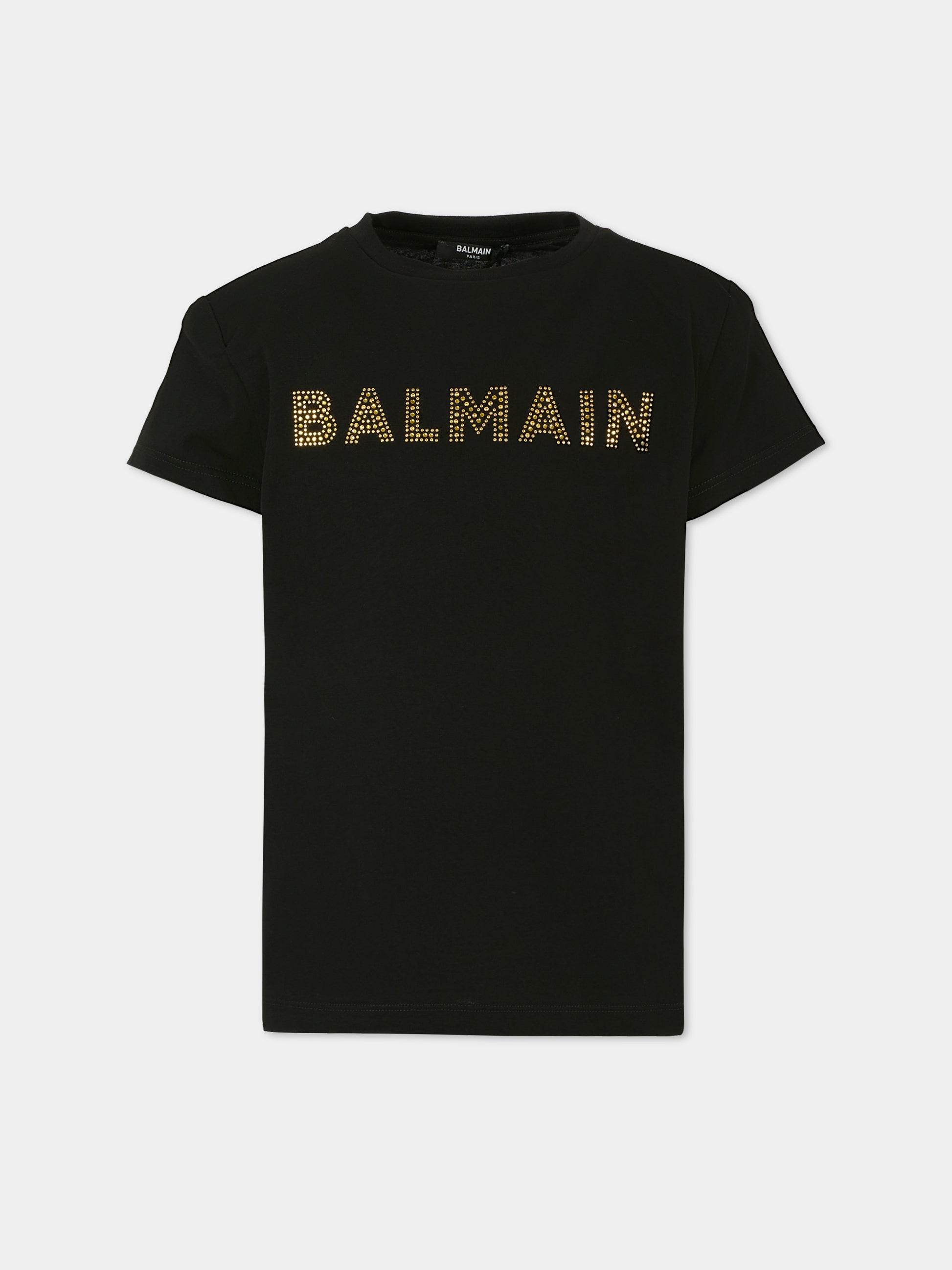 T-shirt nera per bambina con logo e strass,Balmain Kids,BT8A21 J0177 930OR
