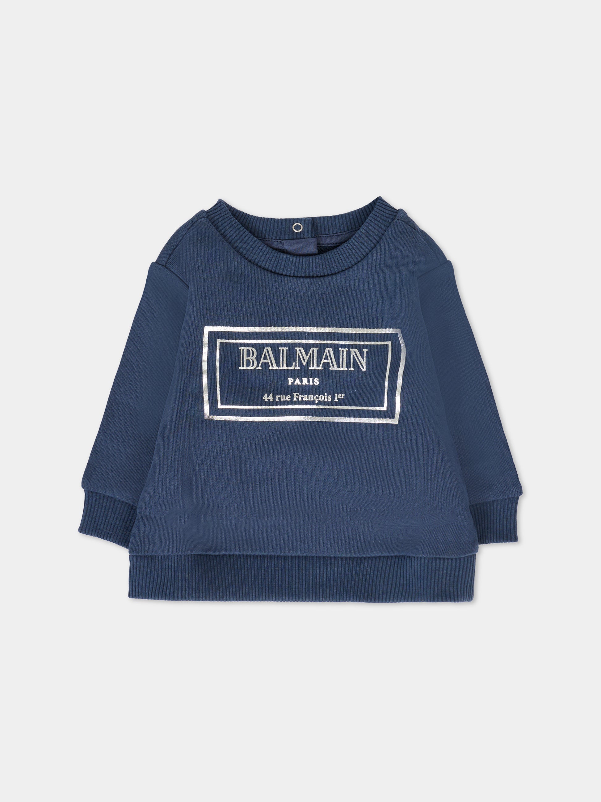 Felpa blu per neonato con logo argentato,Balmain Kids,BT4610 Z0081 649AG
