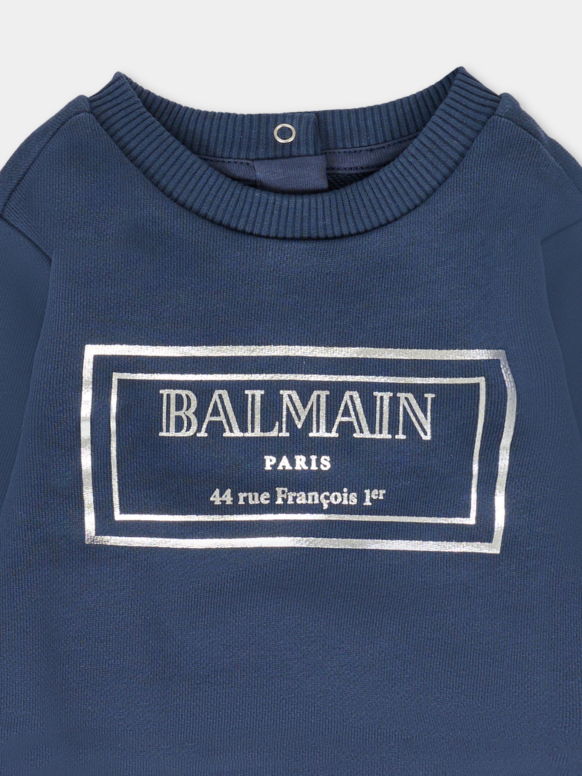 Felpa blu per neonato con logo argentato,Balmain Kids,BT4610 Z0081 649AG