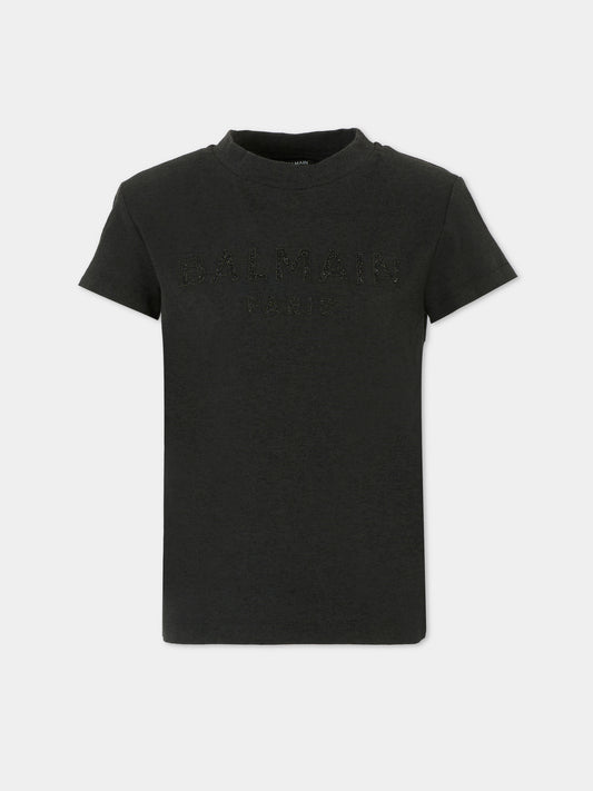 T-shirt nera per bambina con logo in lurex,Balmain Kids,BT8B71 Z1764 930