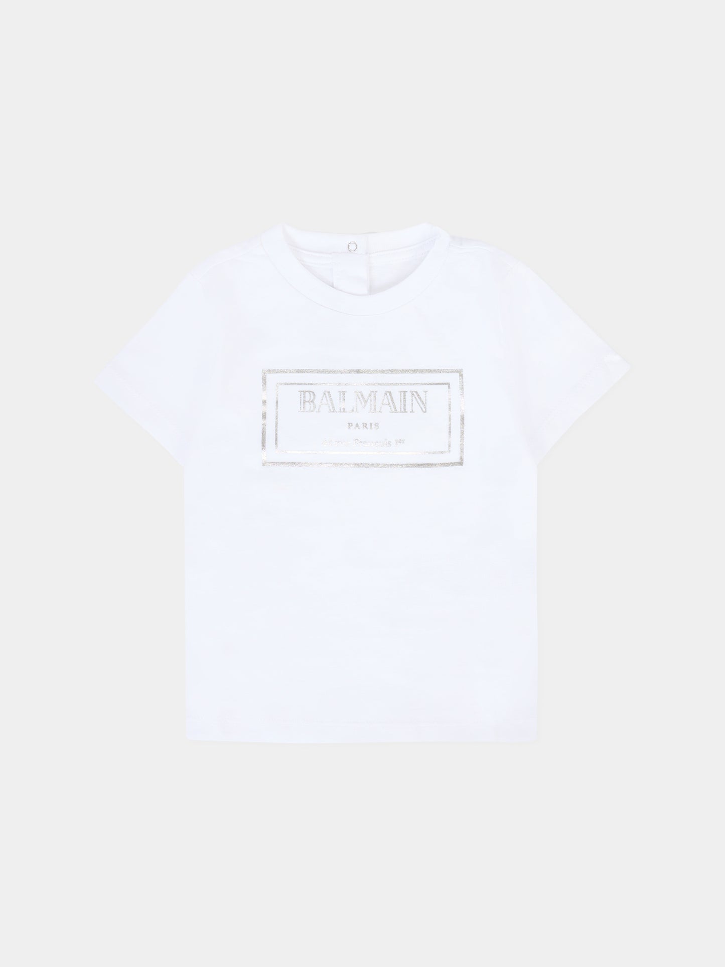 T-shirt bianca per neonati con logo argentato,Balmain Kids,BT8631 Z0082 100AG
