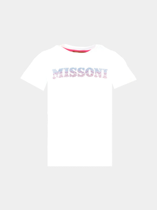 T-shirt bianca per bambina con logo celeste e rosa,Missoni,MT8A41 J0177 100MC