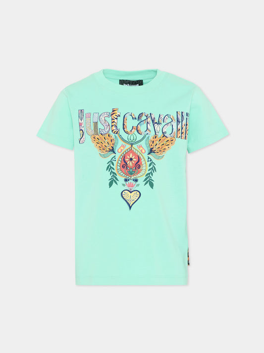 T-shirt azzurra per bambino con logo,Just Cavalli Kids,JBP26066TS GREEN OCEAN WAVE
