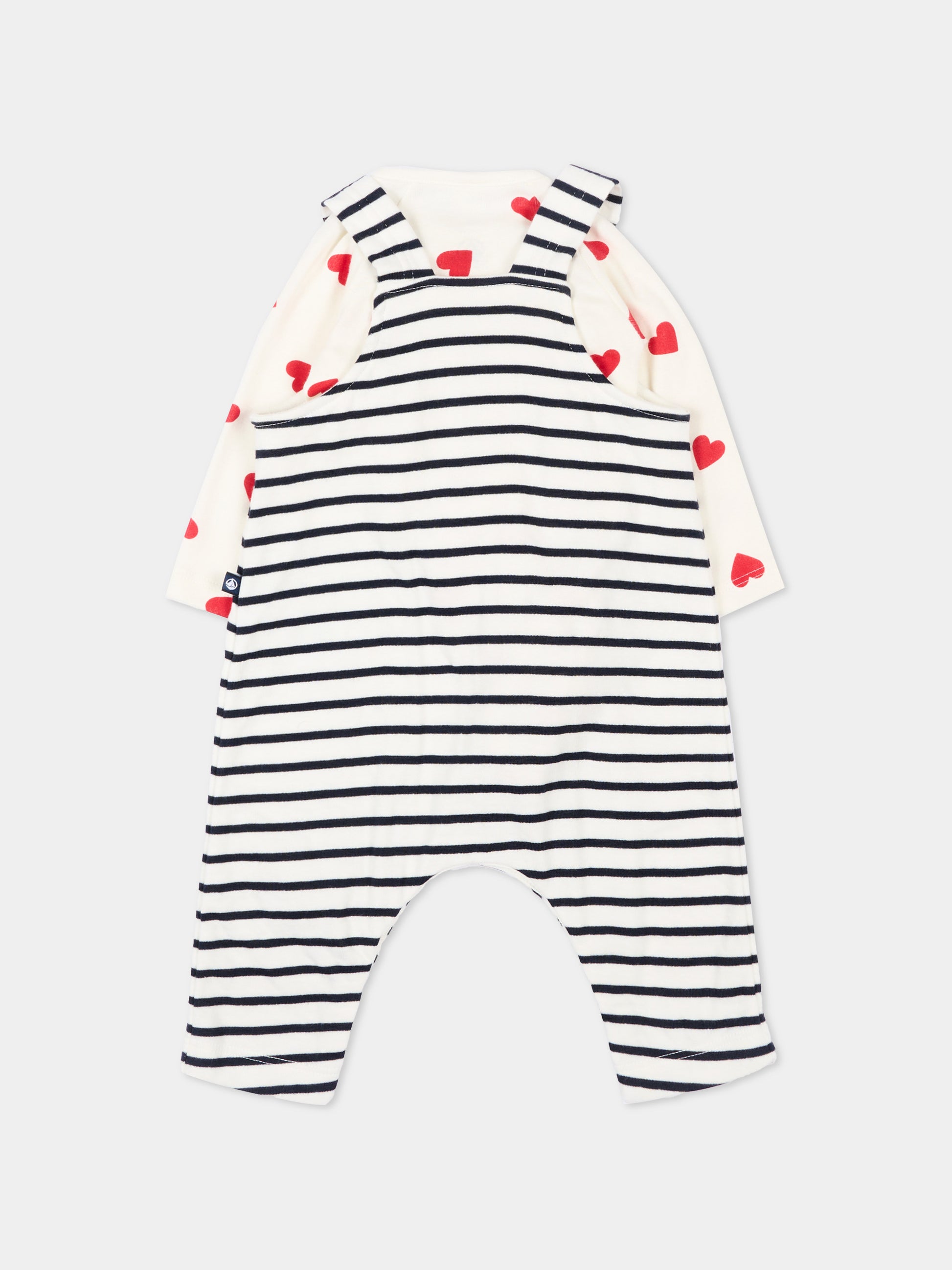 Salopette multicolor per neonata a righe e cuori,Petit Bateau,A0FMH MARSHMALLOW/SMOKING 01