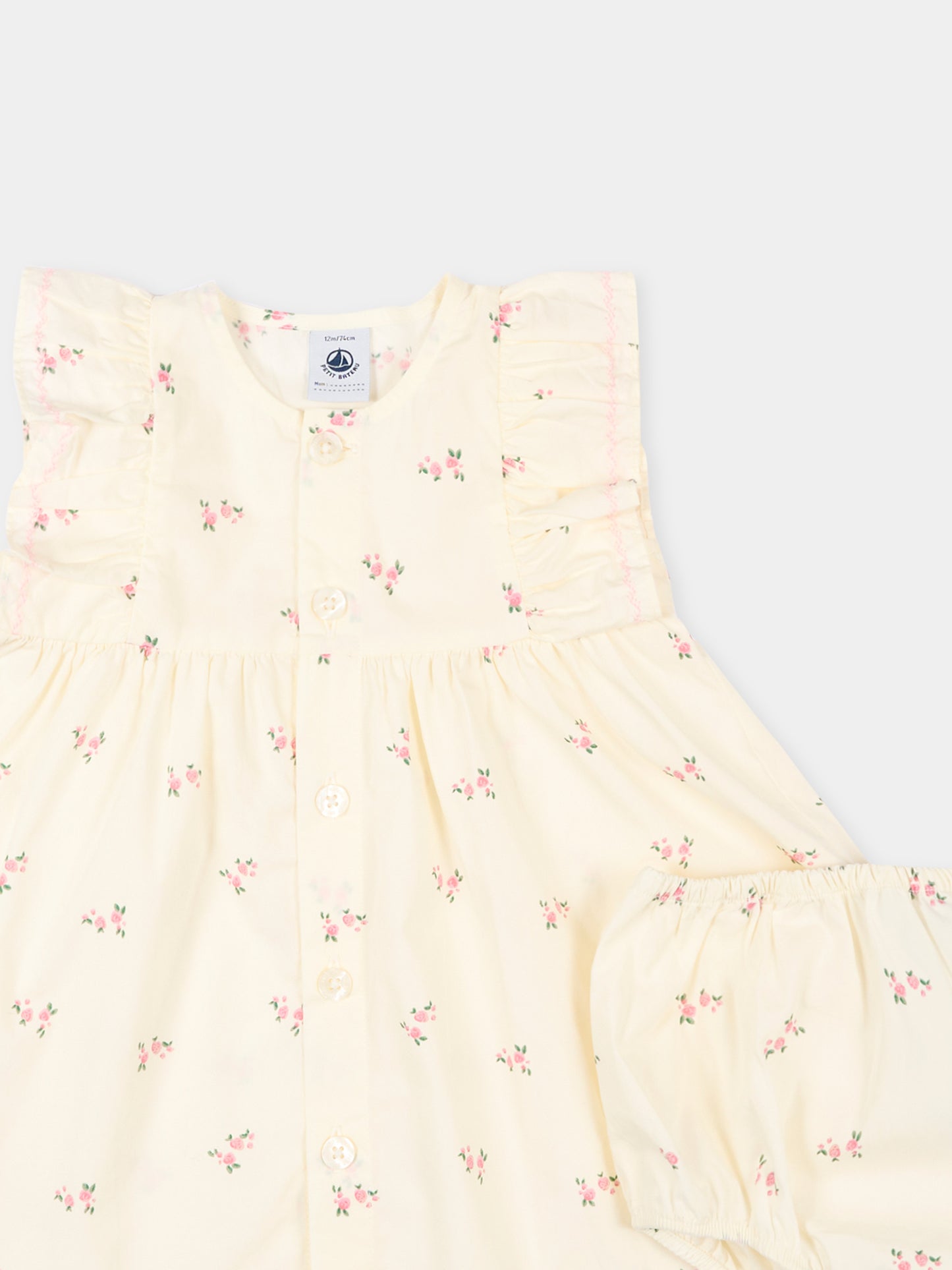 Vestito avorio per neonata con fiori,Petit Bateau,A0F3R MILK/MULTICO 01