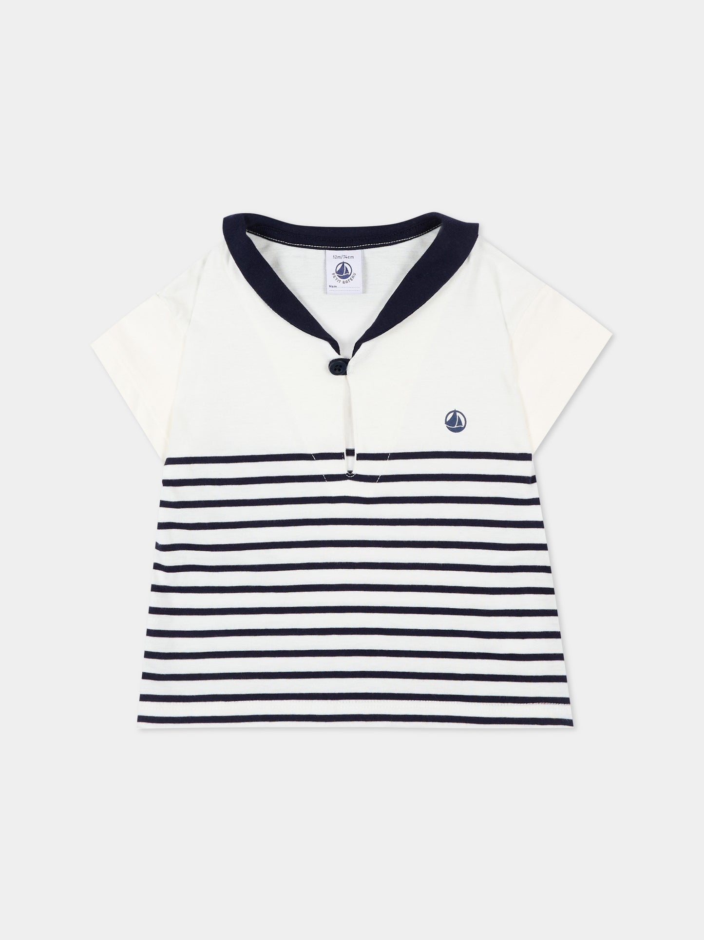 Polo bianca per neonato righe marinare,Petit Bateau,A0F5E MARSHMALLOW/SOIR 01