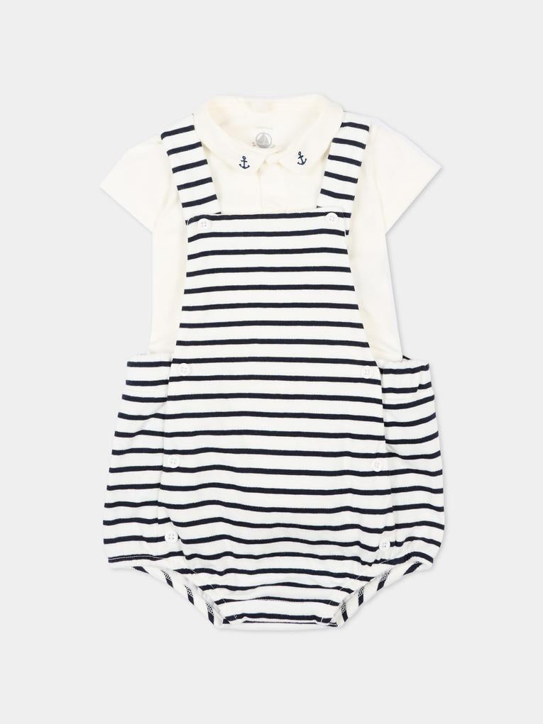 Salopette bianca per neonato a righe,Petit Bateau,A0EZ3 MARSHMALLOW/SMOKING 01