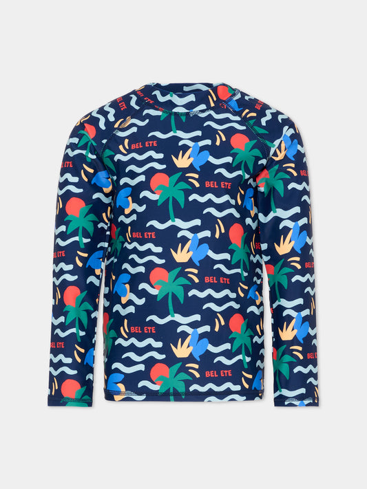 Maglia blu anti UV per bambino con stampa mare,Petit Bateau,A0FJM CREPUSCULE/MULTICO 01