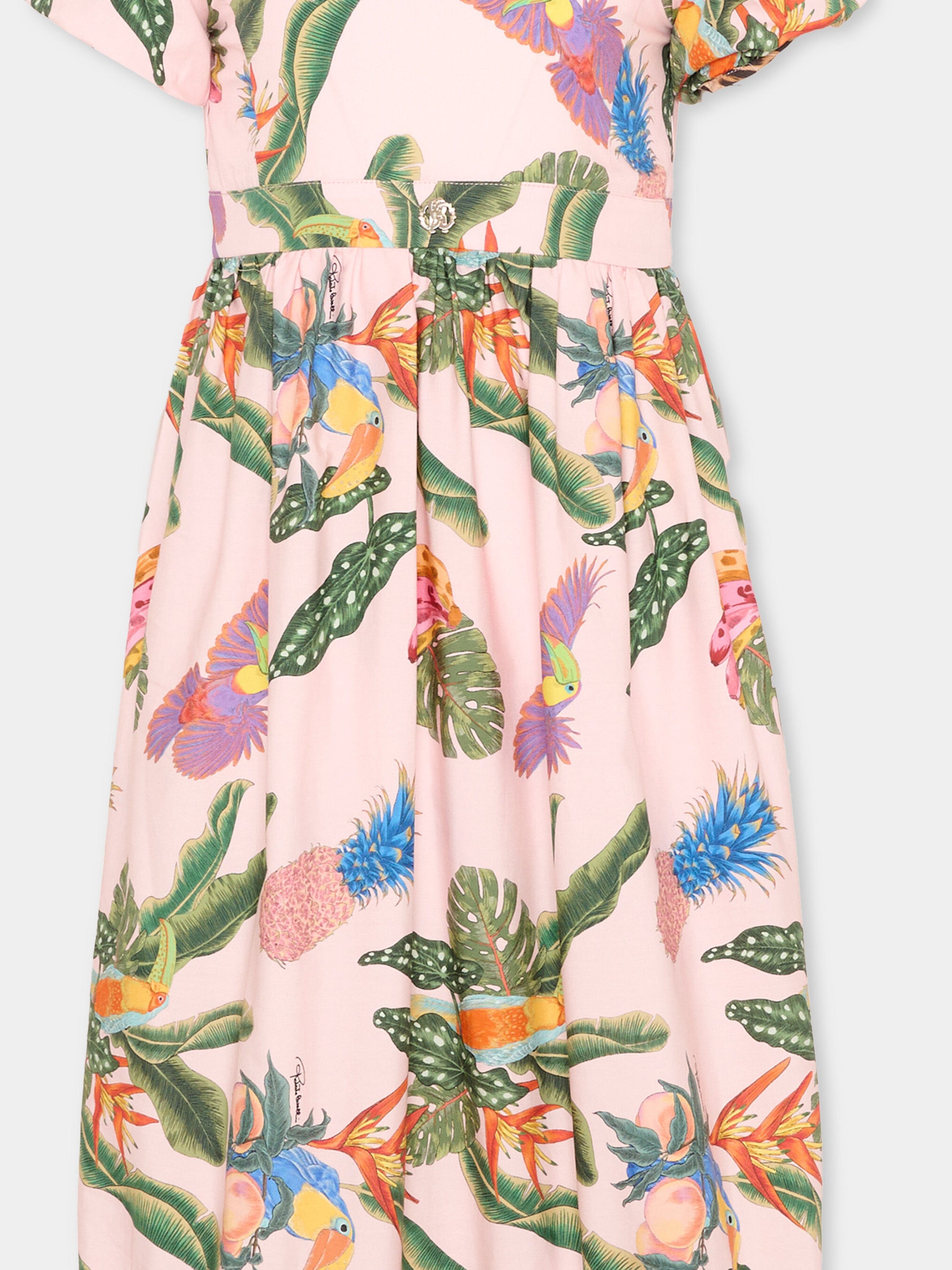 Vestito rosa per bambina con stampa tropicale,Roberto Cavalli Kids,CGP26038VE TROPICANA BABY ROSE