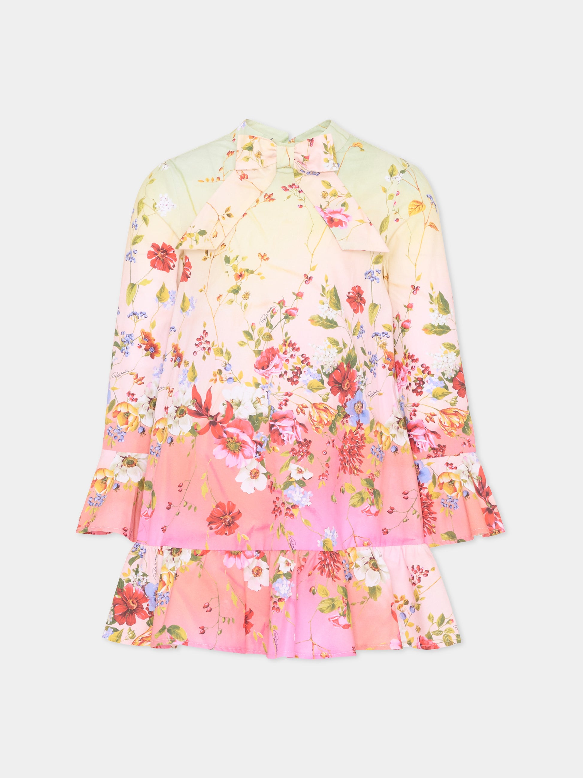Vestito multicolor per bambina con stampa florale,Roberto Cavalli Kids,CGP26115VE MIAMI FLOWERS