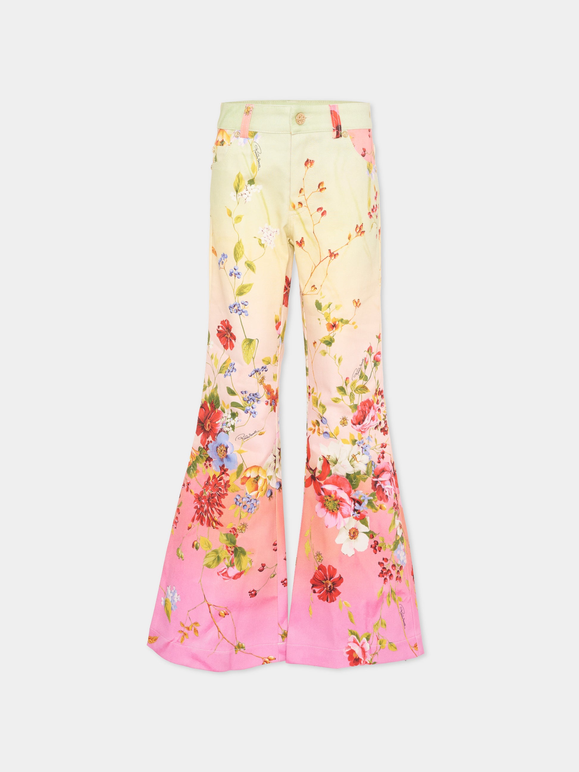 Pantaloni multicolor per bambina con tsmpa floreale,Roberto Cavalli Kids,CGP26117PA MIAMI FLOWERS