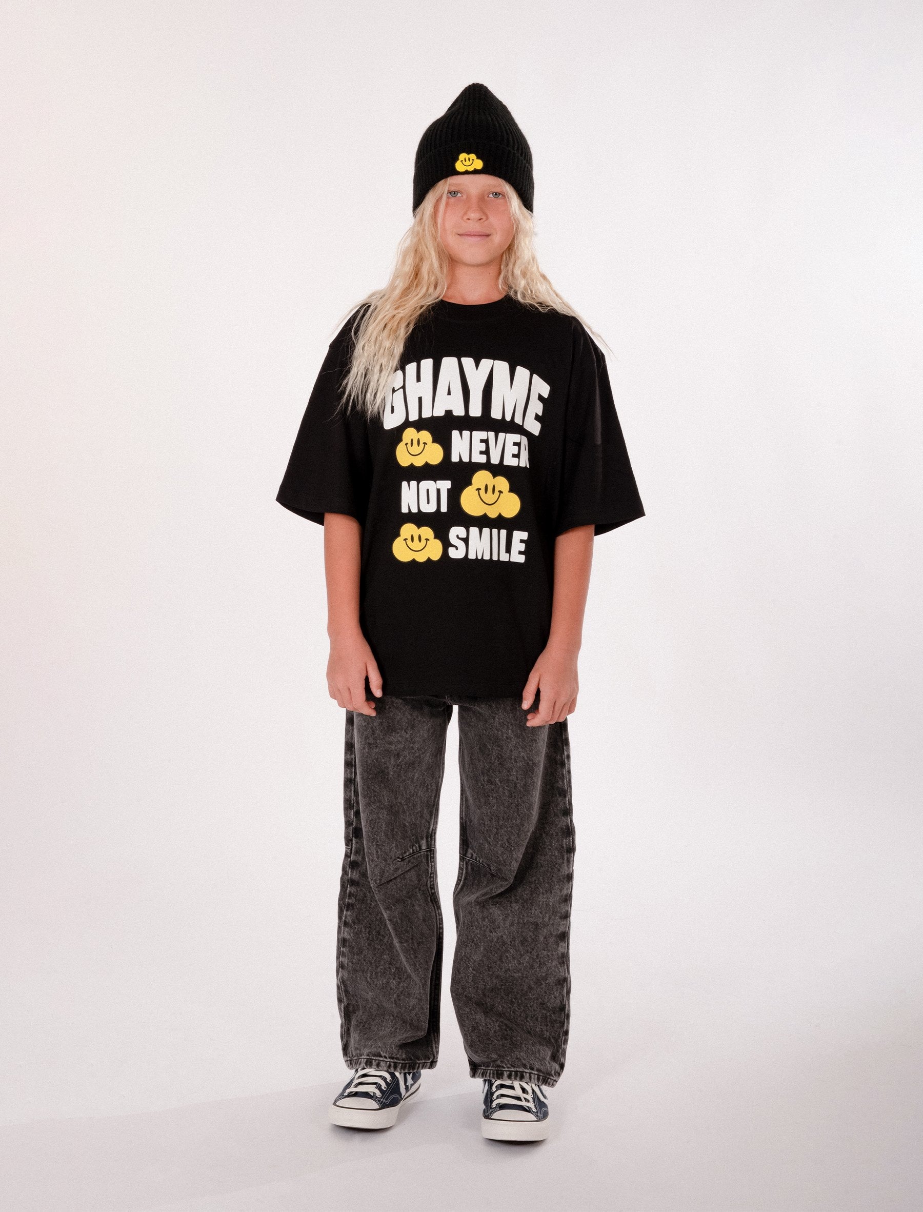 T-shirt nera per bambini con nuvole gialle e scritta,Ghayme,F5GAJUTH009 110