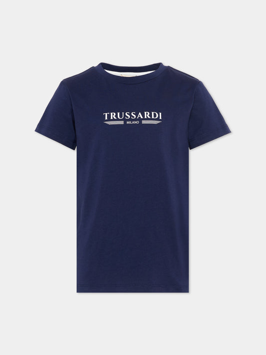 T-Shirt blu per bambino con logo,Trussardi Junior,TIP26035TS BLUE ESTATE