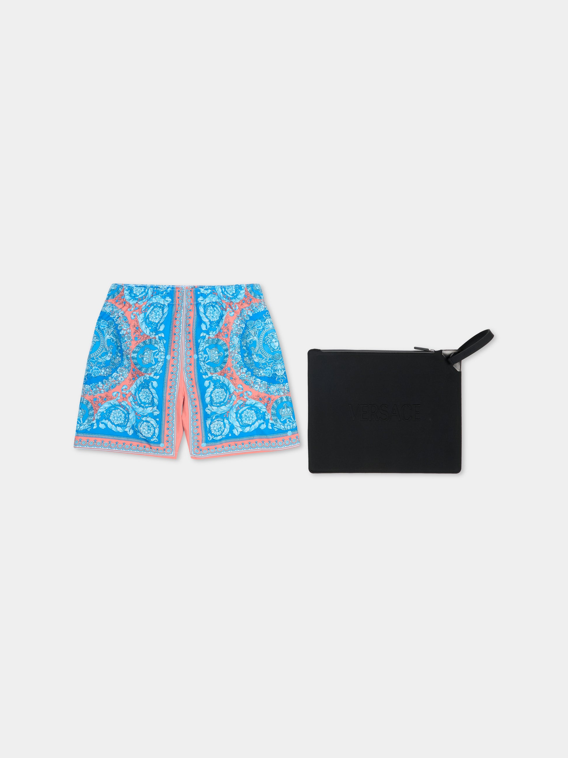 Boxer mare azzurro per bambino con stampa Barocco,Versace,1018706 1A16913 5UH60