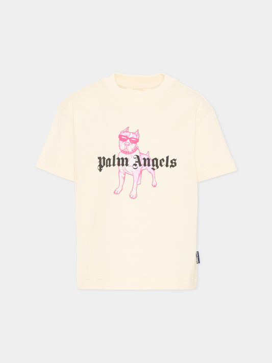 T-Shirt avorio per bambina con cane,Palm Angels,PGAA002S26JER009 002