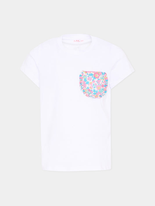 T-Shirt bianca per bambina con tasca floreale,Pesciolino Rosso,TSF NEW S 164