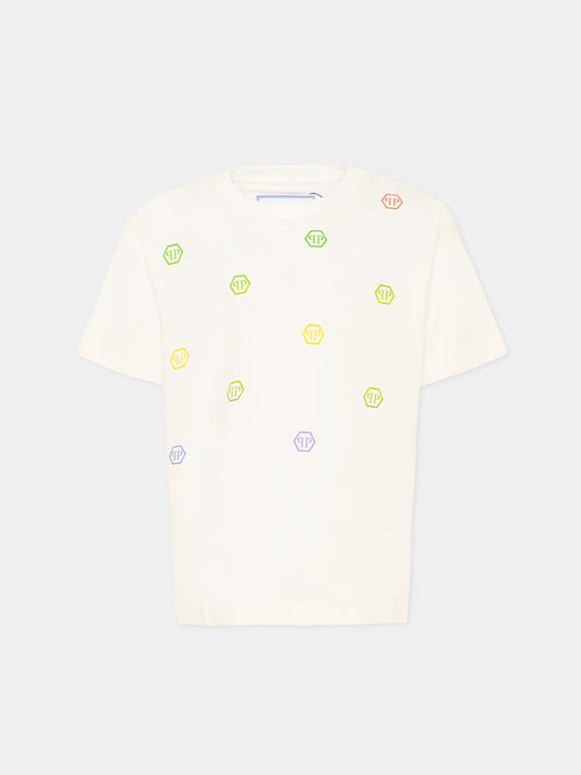 T-Shirt bianca per bambino con loghi,Philipp Plein Junior,S6PHJBTH008 002