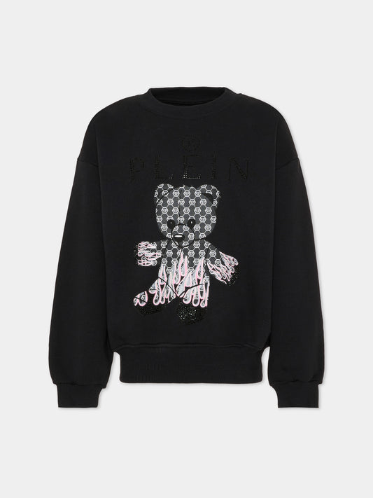Felpa nera per bambina con orsetto e logo di strass,Philipp Plein Junior,S6PHJGSW161 110