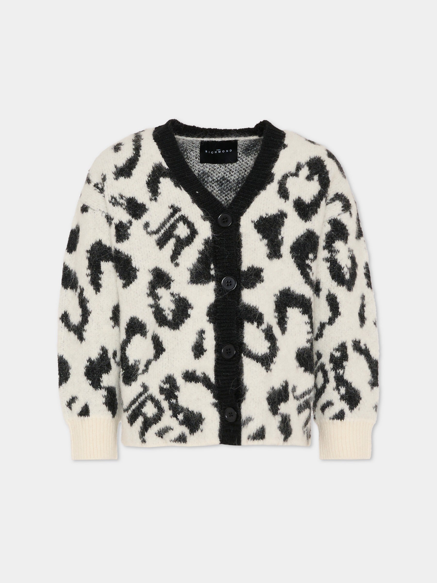Cardigan bianco per bambina con stampa animalier,Richmond,RGA25047CD WHITE SPOTTED
