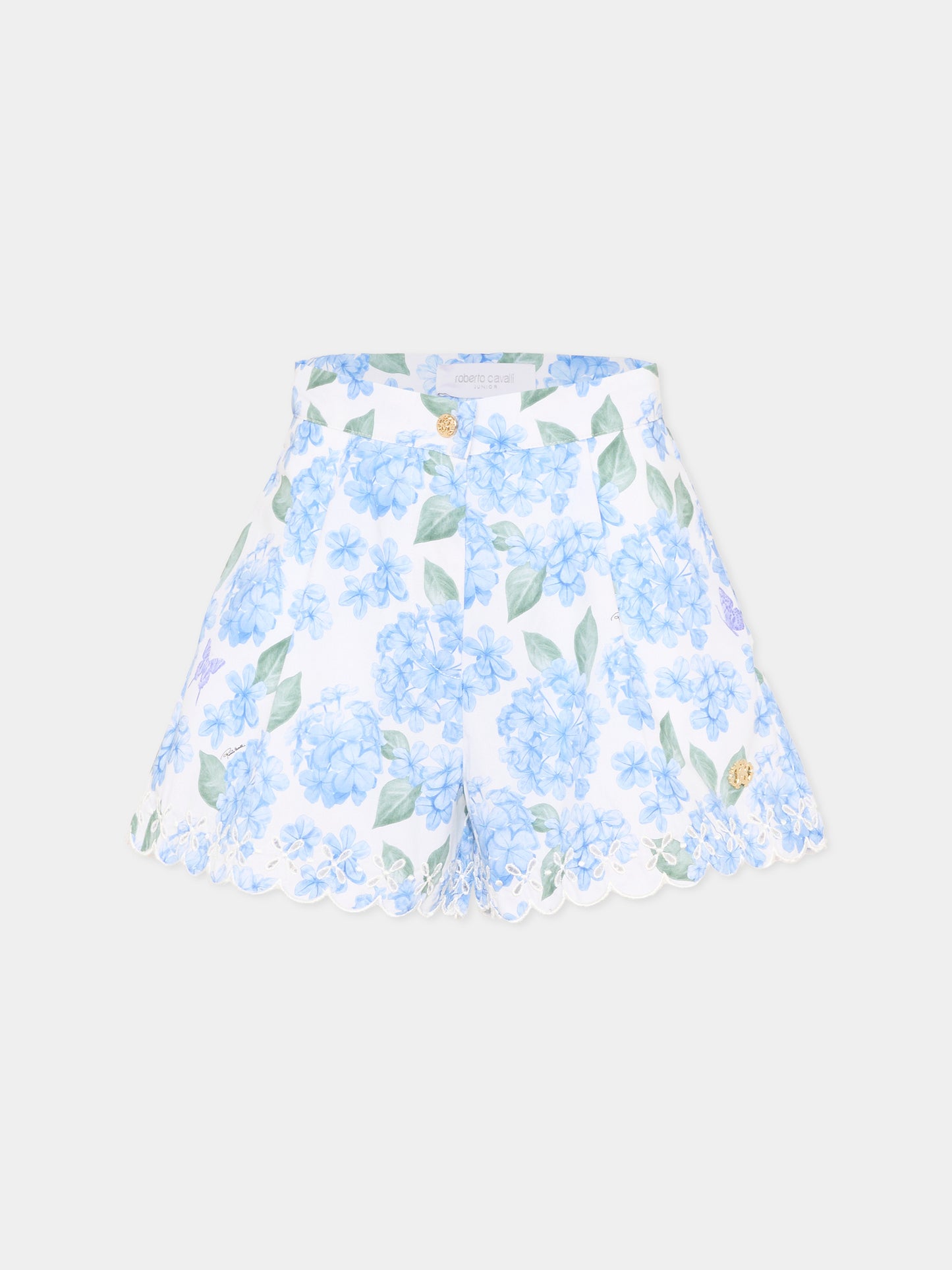 Shorts celeste per bambina floreali,Roberto Cavalli Kids,CGP26008SH PLUMBAGO