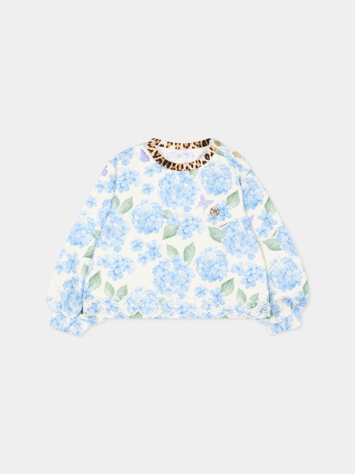 Felpa celeste per neonata con stampa floreale,Roberto Cavalli Kids,CIP26014FE PLUMBAGO