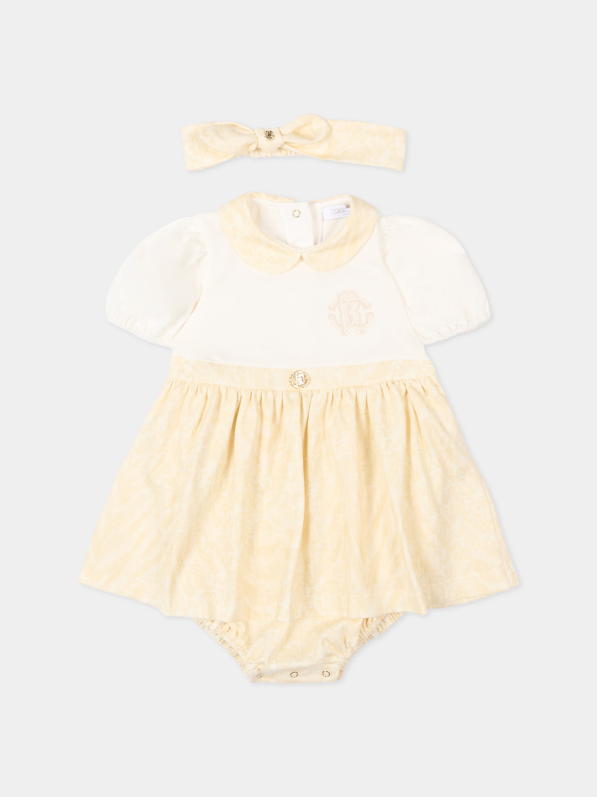 Vestito avorio per neonata con monogram,Roberto Cavalli Kids,CLP26010VE AVORIO CANNOLI CREAM
