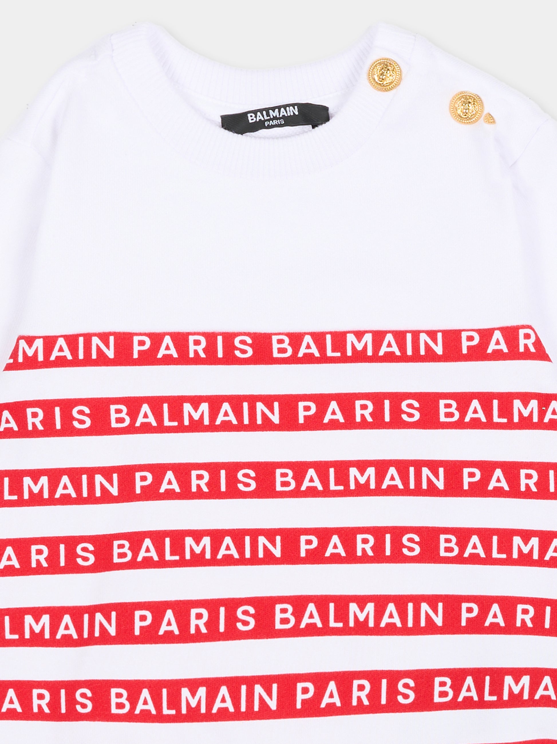 Felpa bianca per neonato con righe rosse e logo,Balmain Kids,BU4550 Z1909 100RO