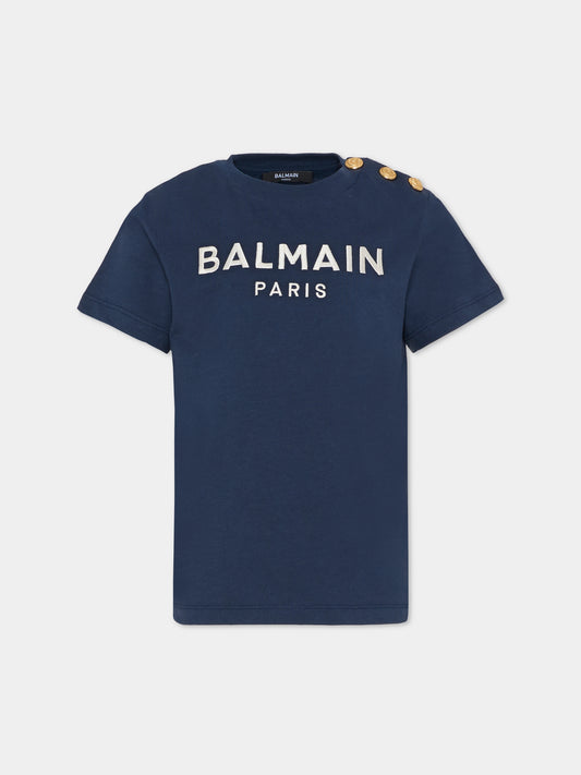 T-shirt blu da bambina con logo,Balmain Kids,BU8A11 Z1751 649BC