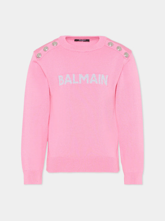 Maglione rosa per bambina con logo,Balmain Kids,BU9A30 X0068 552AG