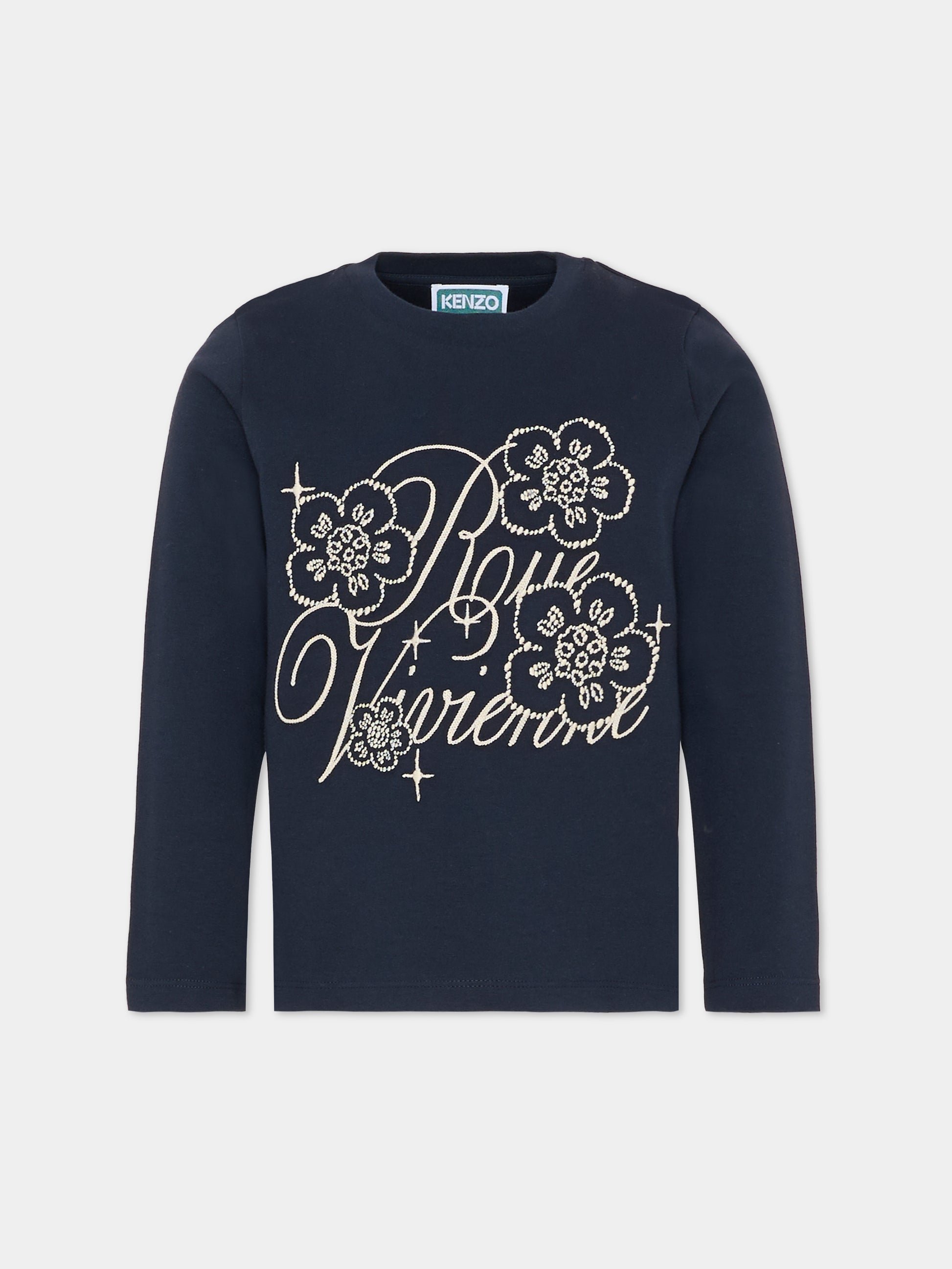 T-shirt blu per bambina con fiori bianchi,Kenzo Kids,K61368 845