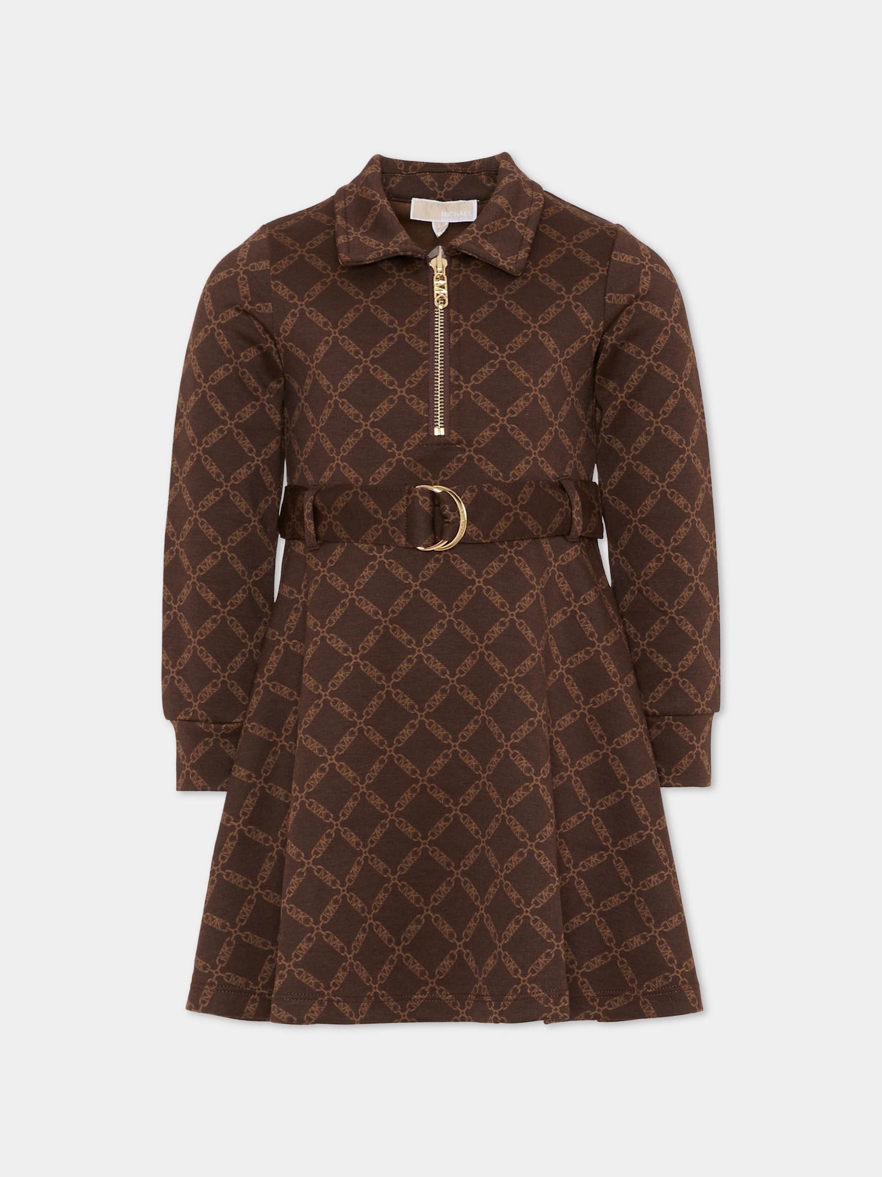Vestito marrone per bambina con logo all over,Michael Kors,R30475 342