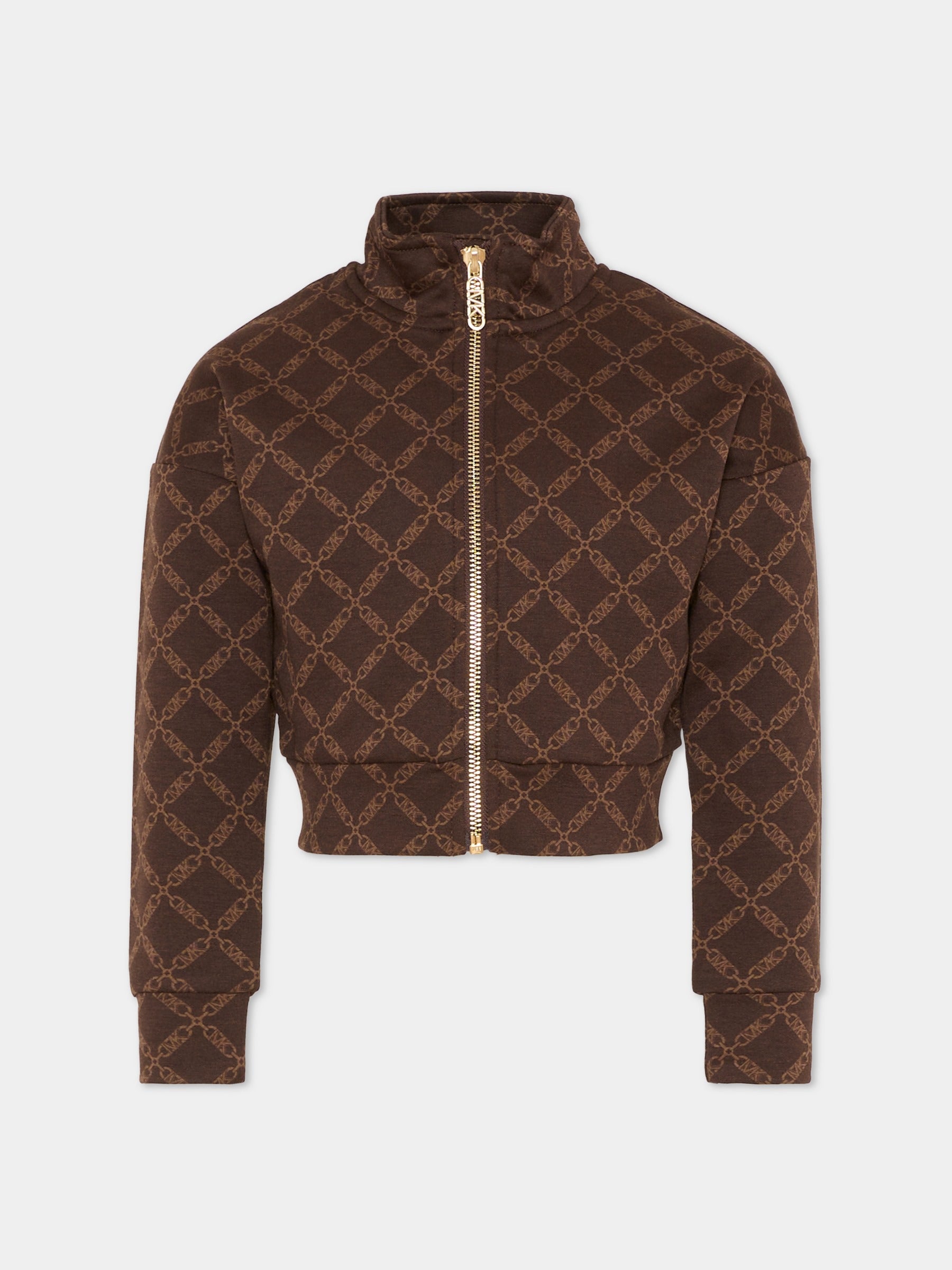 Felpa crop marrone per bambina con logo all over,Michael Kors,R30472 342