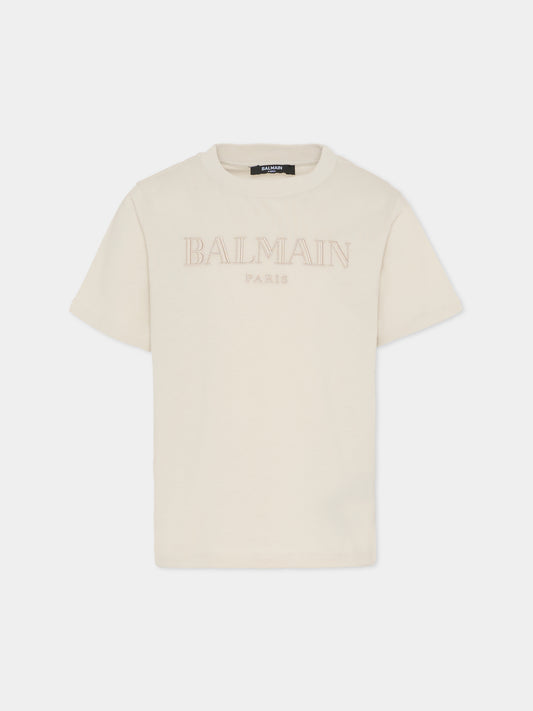 T-shirt beige con logo ricamato per bambini,Balmain Kids,BX8P41-Z3186 107BG