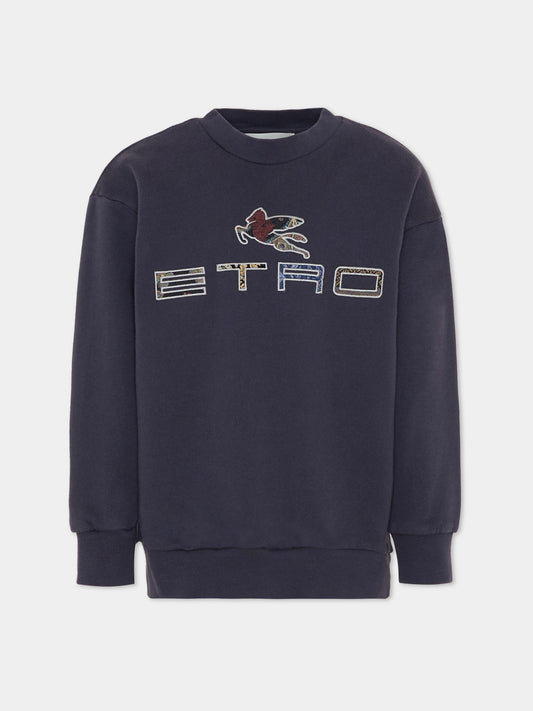 Felpa blu con logo e Pegaso per bambini,Etro,GX4P20 Z3333 667