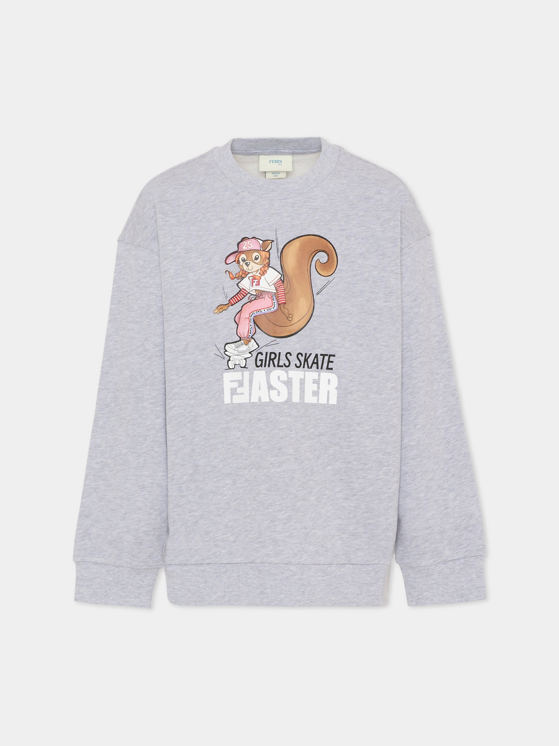 Felpa grigia per bambina con stampa scoiattolo,Fendi Kids,JFH160 5V0 F0WG5