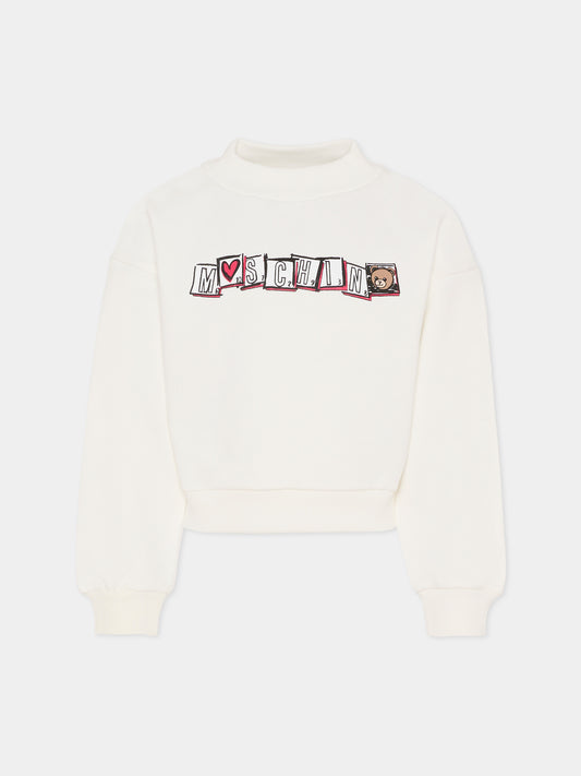Felpa bianca per bambina con logo,Moschino Kids,HDF06K LCA58 10063