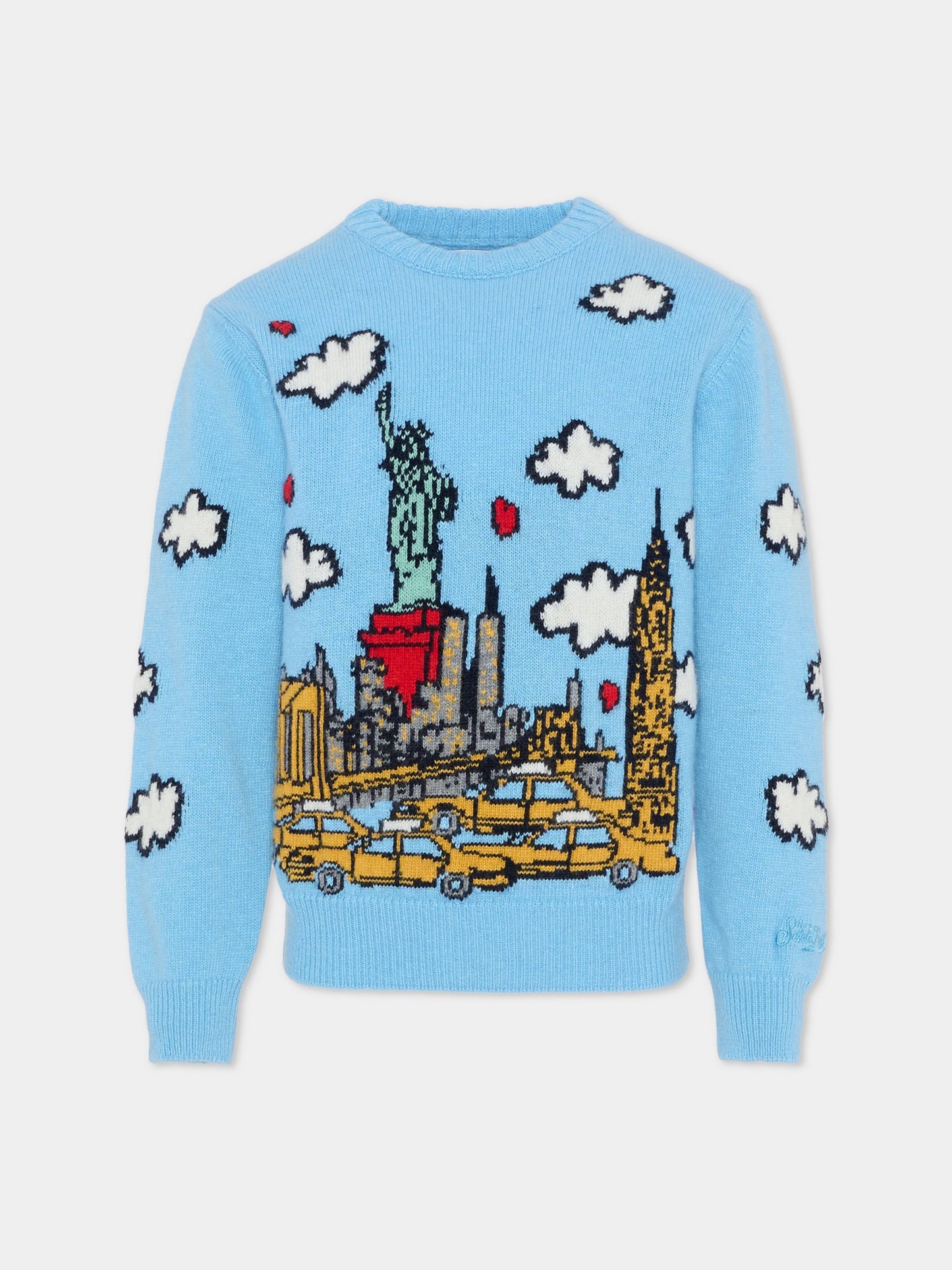Maglione azzurro per bambina con cartolina di New York,Mc2 Saint Barth,PRC0007 00275C