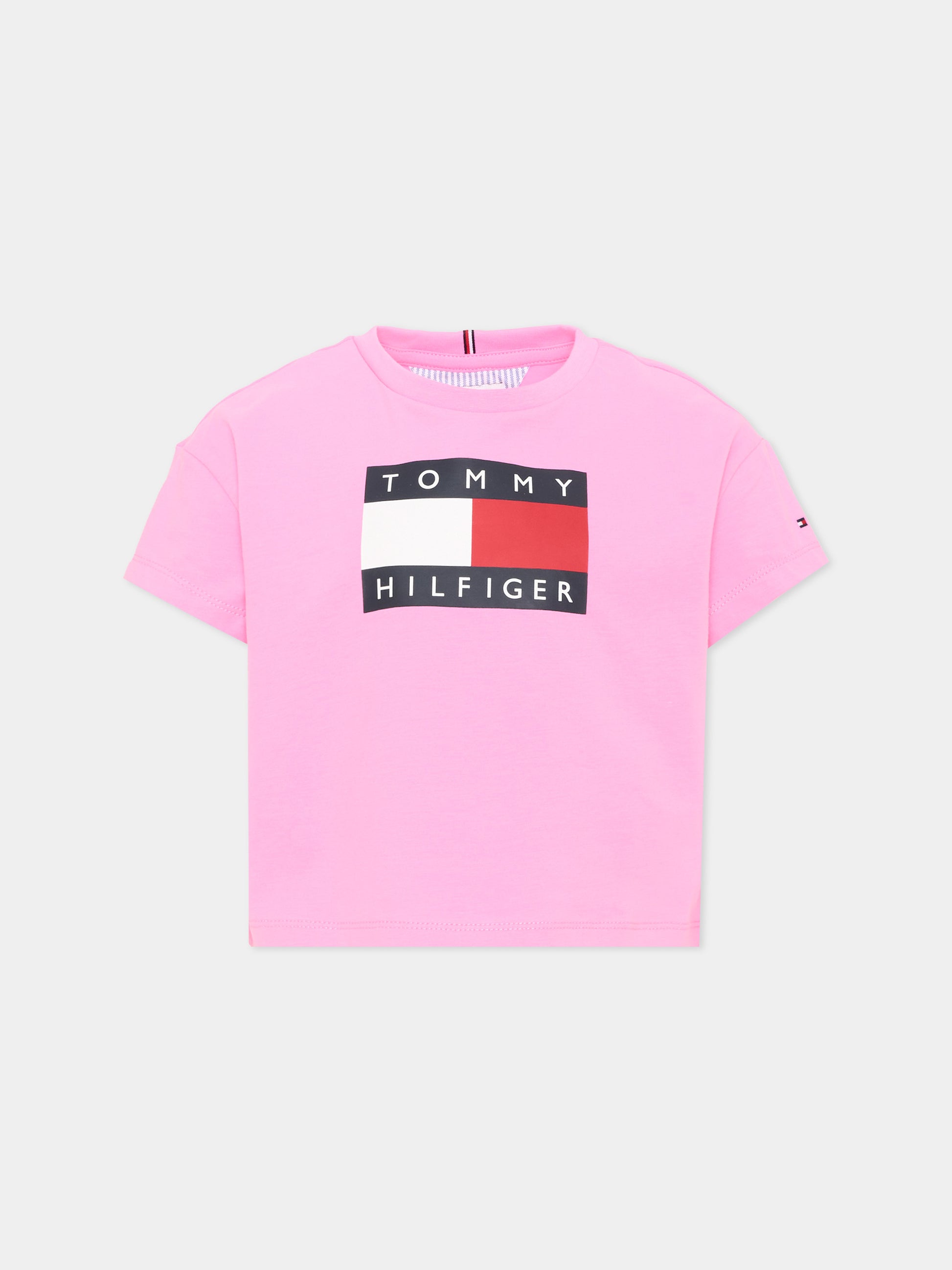 T-shirt rosa cropped per bambina con logo,Tommy Hilfiger Junior,KG0KG09289 TOU