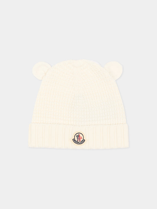 Berretto avorio per neonati con logo,Moncler Kids,L2951 3B00005 M1131 040