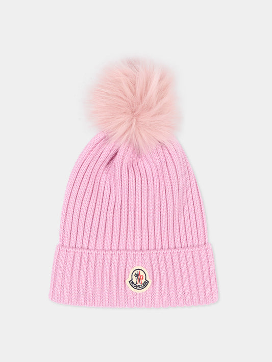 Berretto rosa per bambina con pompon,Moncler Kids,L2954 3B00007 M1131 51F