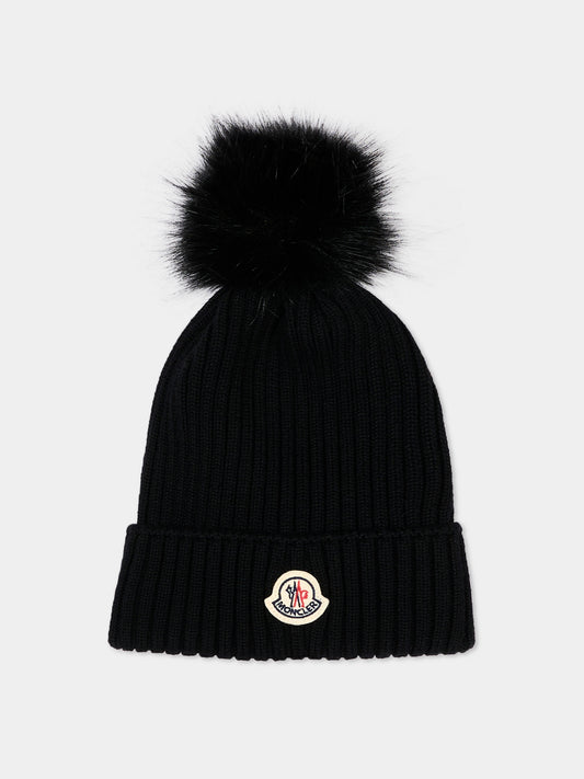 Berretto nero per bambina con pompon,Moncler Kids,L2954 3B00007 M1131 999