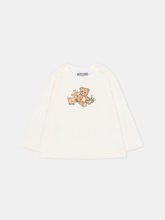 T-shirt avorio per neonati con Teddy Bear e cervo,Moschino Kids,MYO00R LAA10 10063