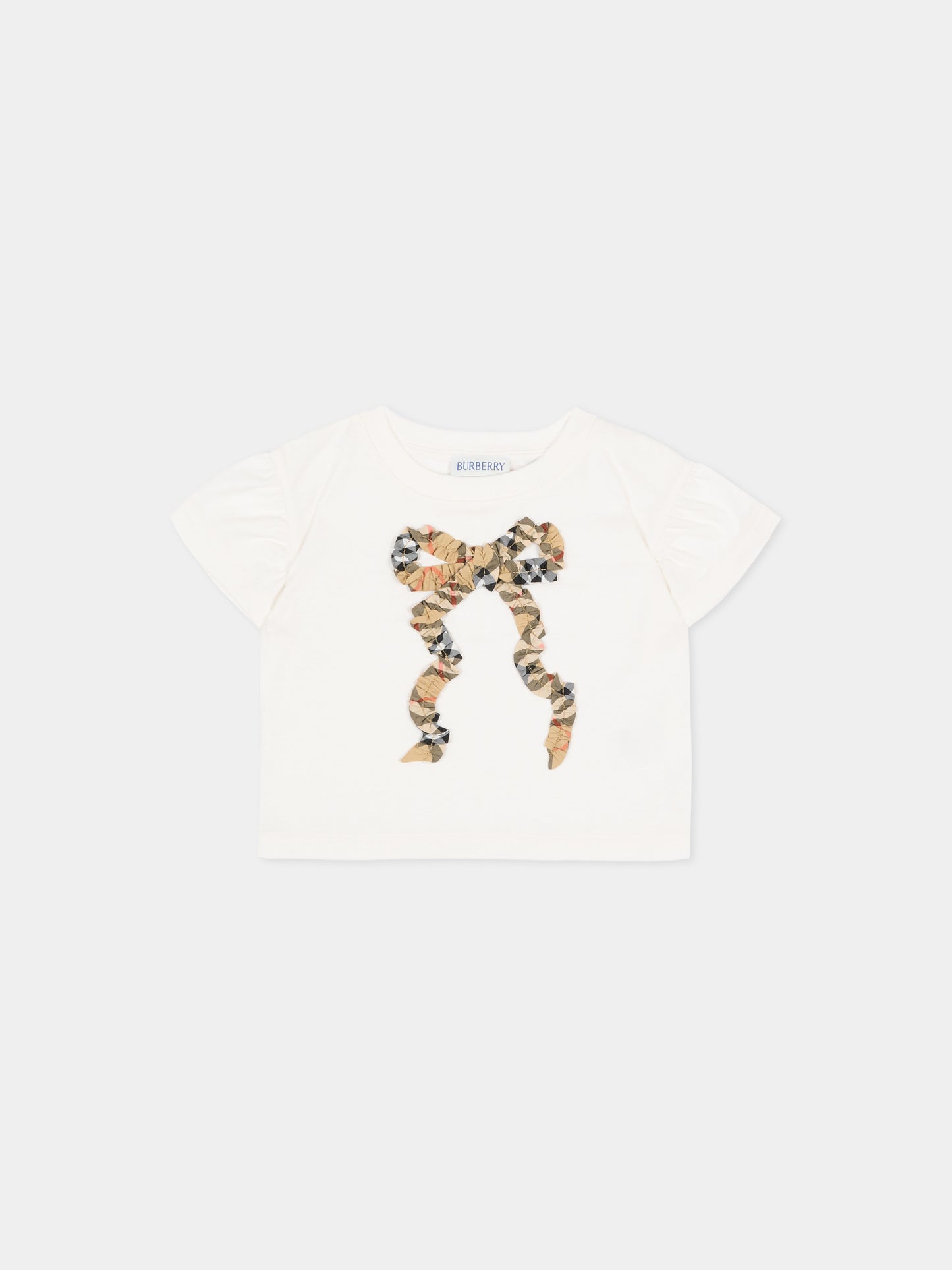Ivory T-shirt for Baby Girl with vintage check bow