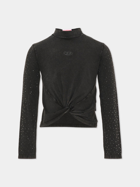 T-shirt a manica lunga nera per bambina con nodo,Diesel,J03011 KYA2K K900