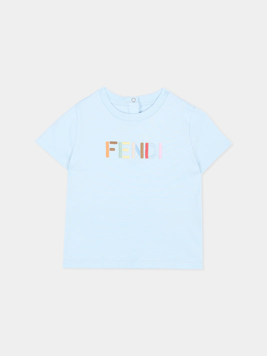 T-Shirt celeste per neonato con logo,Fendi Kids,BUI119 AY8D F0EX7