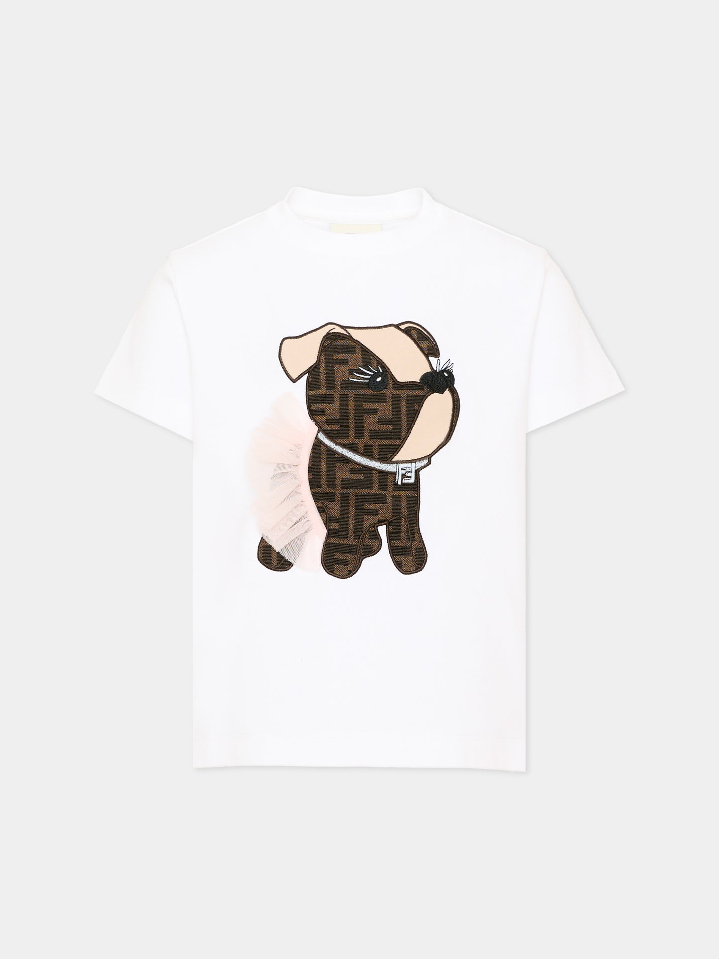 T-shirt bianca per bambina con cane,Fendi Kids,JFI418 AVWL F0TU9