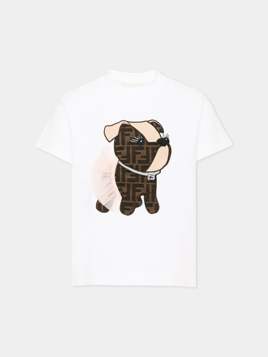 T-shirt bianca per bambina con cane,Fendi Kids,JFI418 AVWL F0TU9