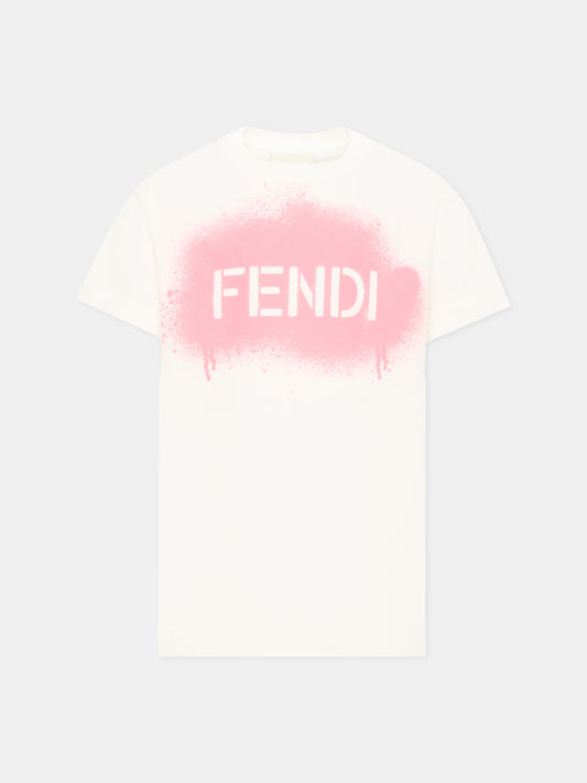 T-Shirt avorio per bambina con logo,Fendi Kids,JUI212 AY8D F14OY