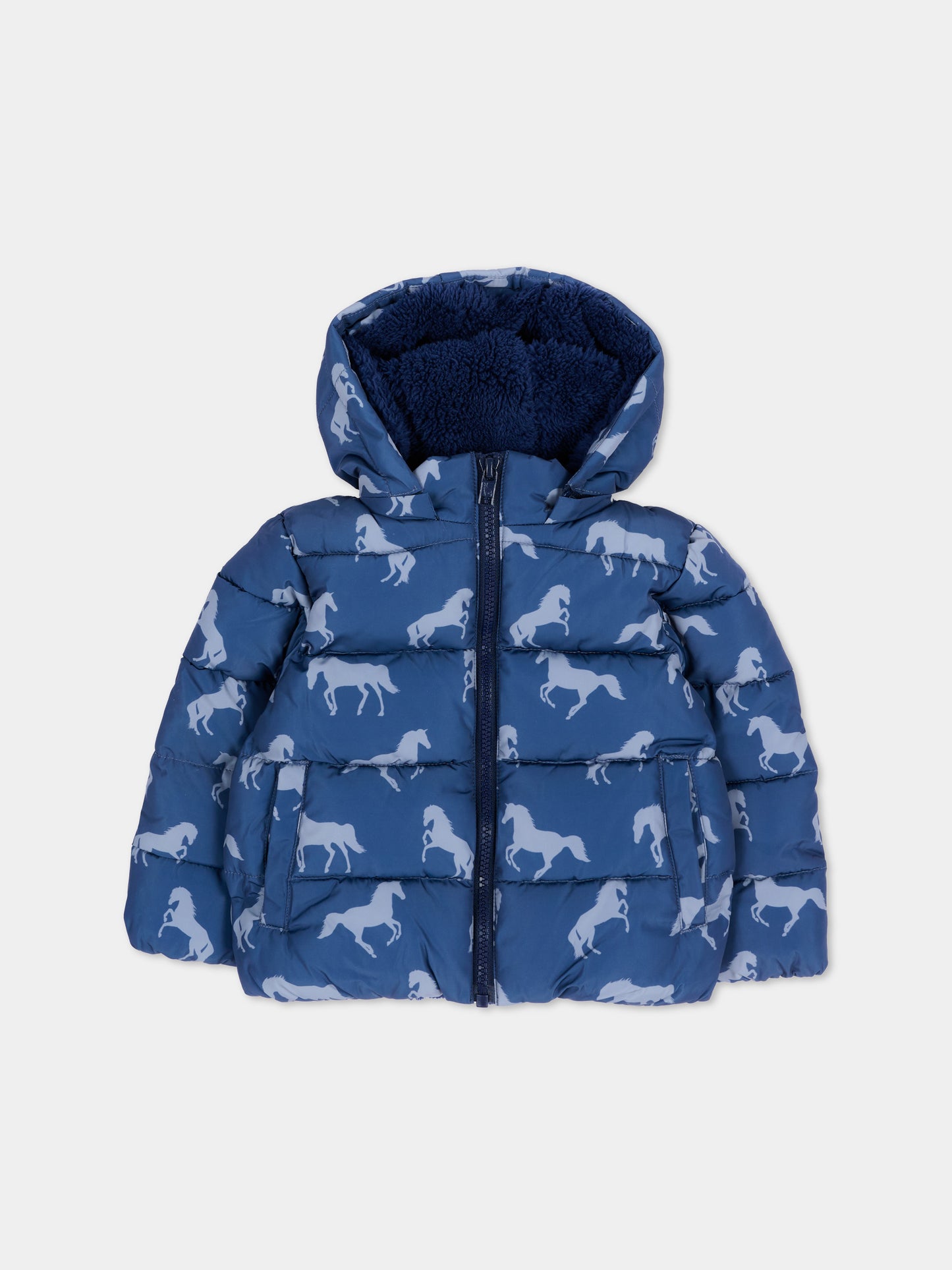 Piumino blu per neonato con cavalli,Stella Mccartney Kids,TZ2337 Z4032 657GR